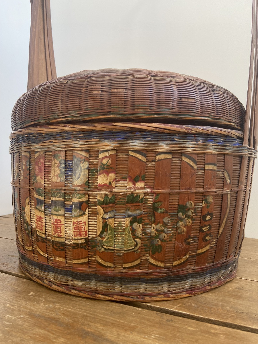 China: Bakul Siah Red Polychrome Lacquered Woven Bamboo And Wicker Wedding Basket-photo-5