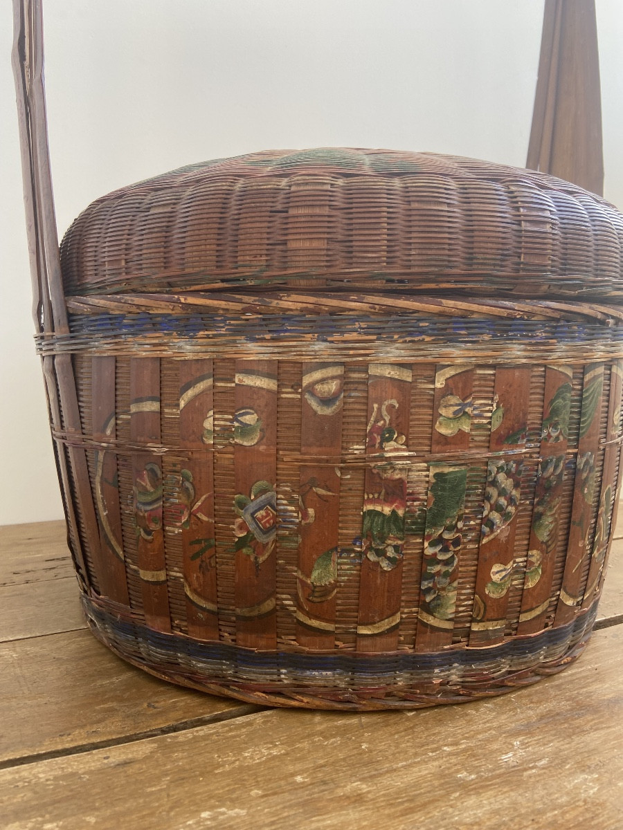 China: Bakul Siah Red Polychrome Lacquered Woven Bamboo And Wicker Wedding Basket-photo-6