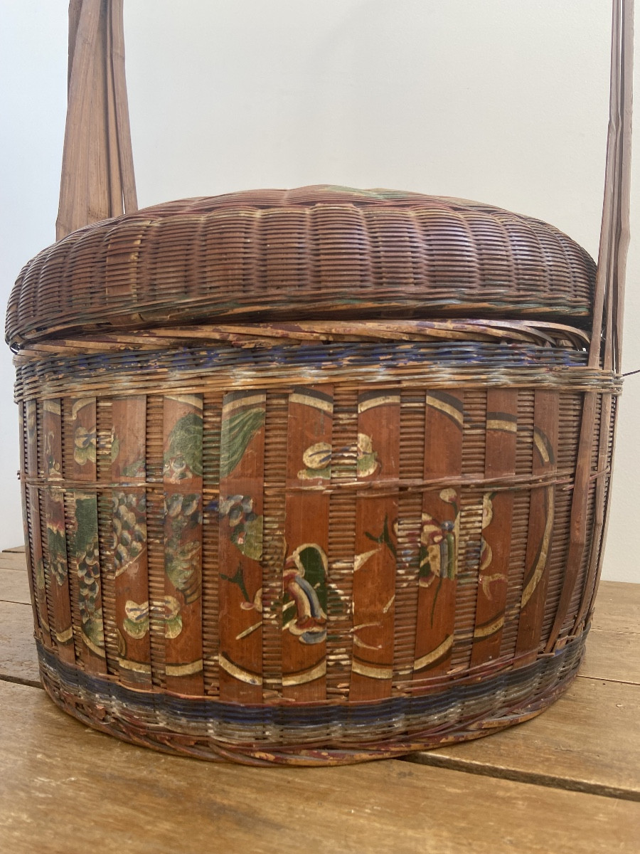 China: Bakul Siah Red Polychrome Lacquered Woven Bamboo And Wicker Wedding Basket-photo-7