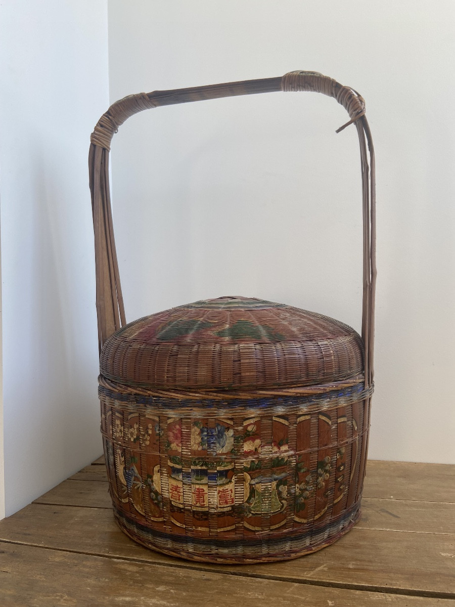 China: Bakul Siah Red Polychrome Lacquered Woven Bamboo And Wicker Wedding Basket