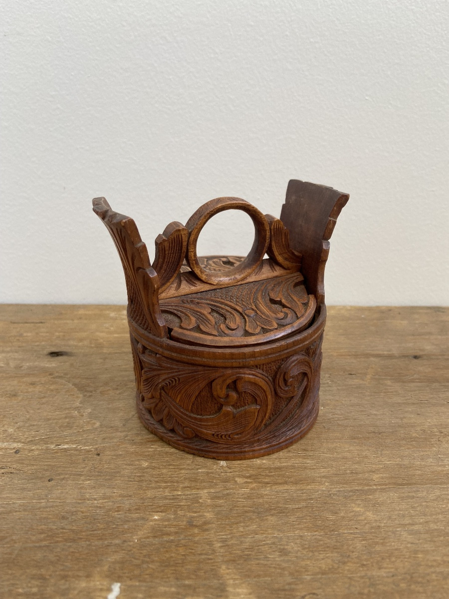 Art Populaire Scandinave Norvège: Boîte Circulaire Sculpté Rinceaux D’acanthe-photo-2