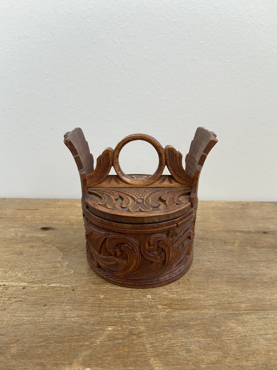 Art Populaire Scandinave Norvège: Boîte Circulaire Sculpté Rinceaux D’acanthe-photo-4