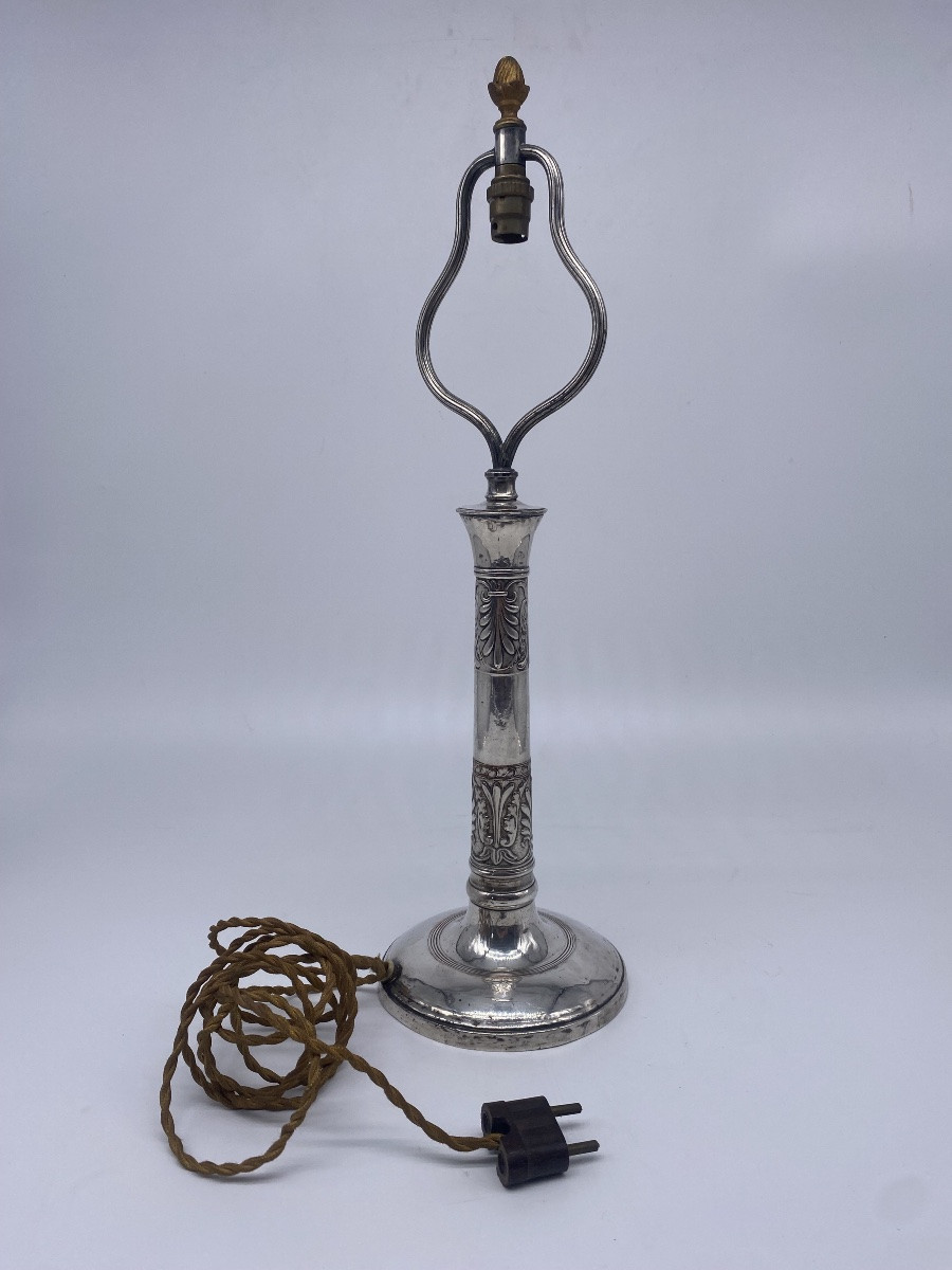 Pair Of Empire Silver-plated Copper Candlesticks Mounted As A Lyre Lamp-photo-2