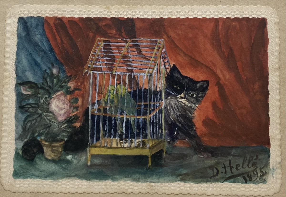 Naïve Art, Watercolor By Désirée Hellé, Cat Prowling Around A Birdcage-photo-4