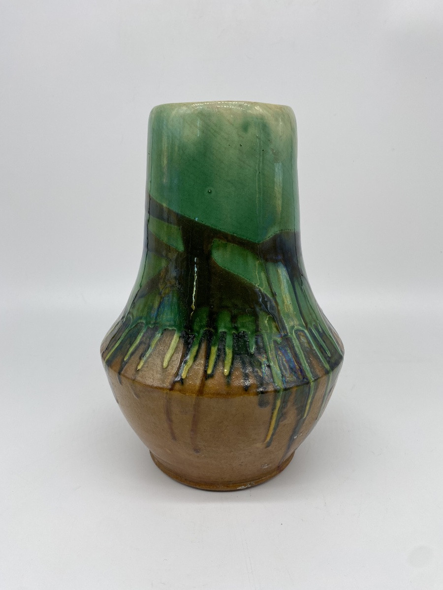 Paire de vase Art Déco grès émaillé vert bleu-photo-2