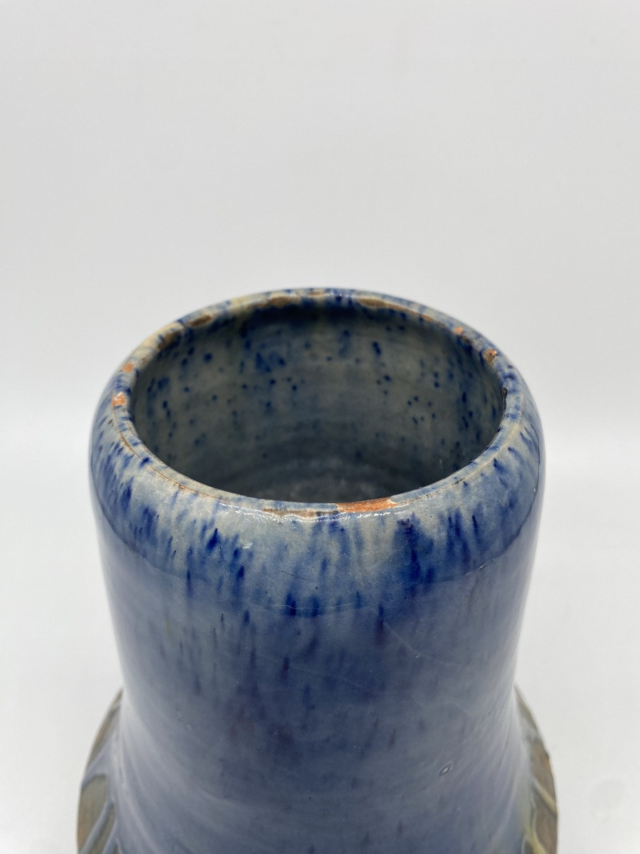 Paire de vase Art Déco grès émaillé vert bleu-photo-5