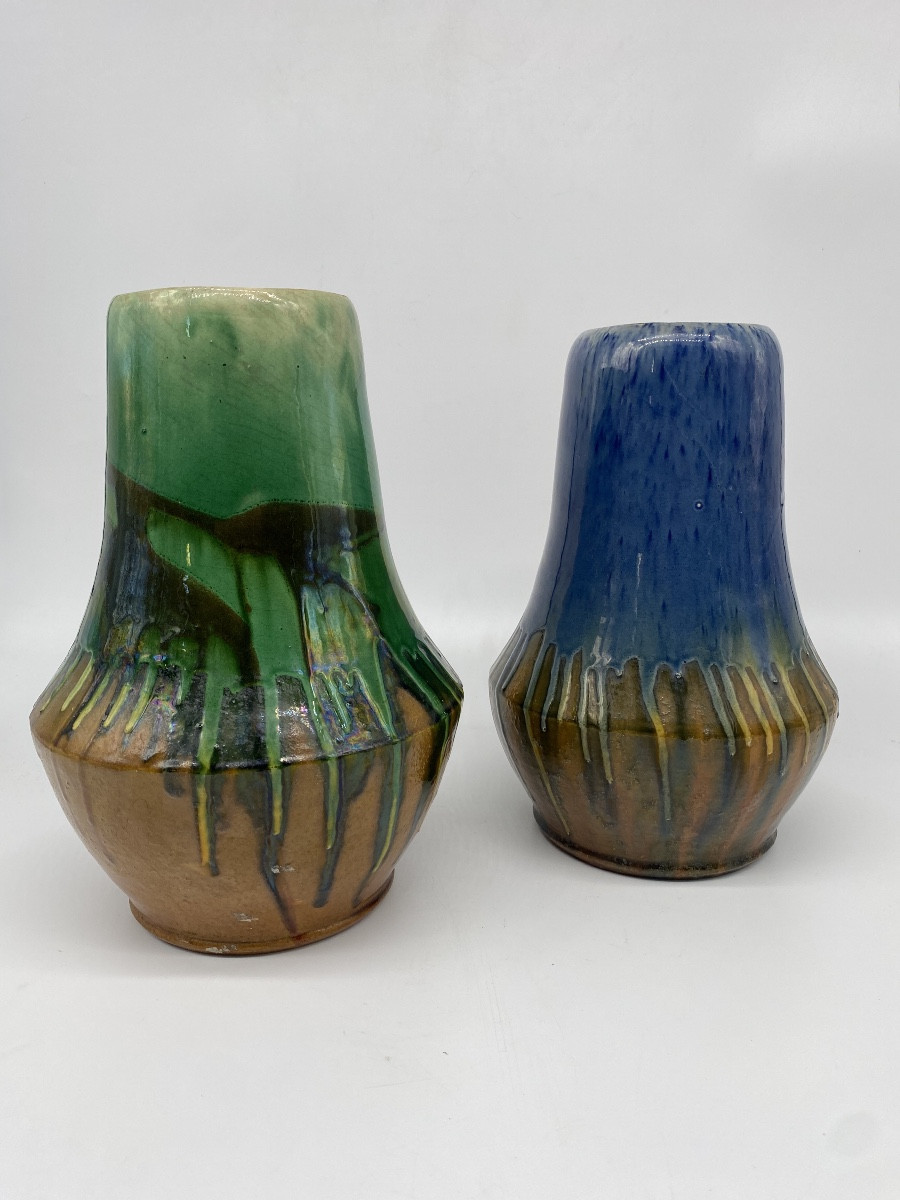 Paire de vase Art Déco grès émaillé vert bleu