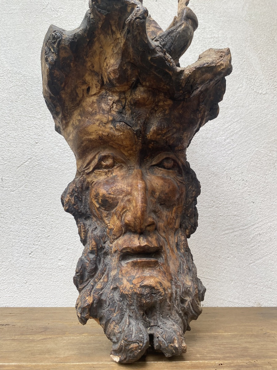 Face Of The "green Man" Carved From A Walnut Root (?), 19th Century Folk Art-photo-3