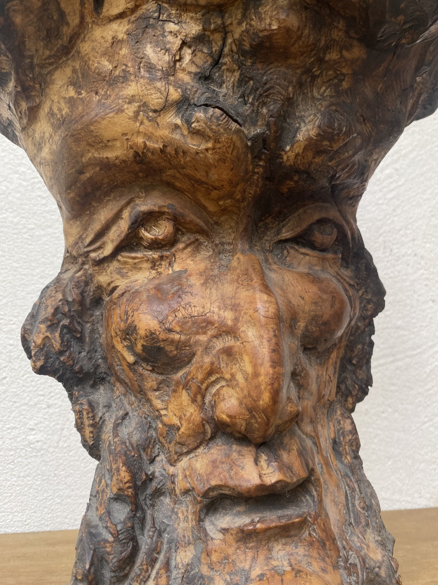 Face Of The "green Man" Carved From A Walnut Root (?), 19th Century Folk Art-photo-4