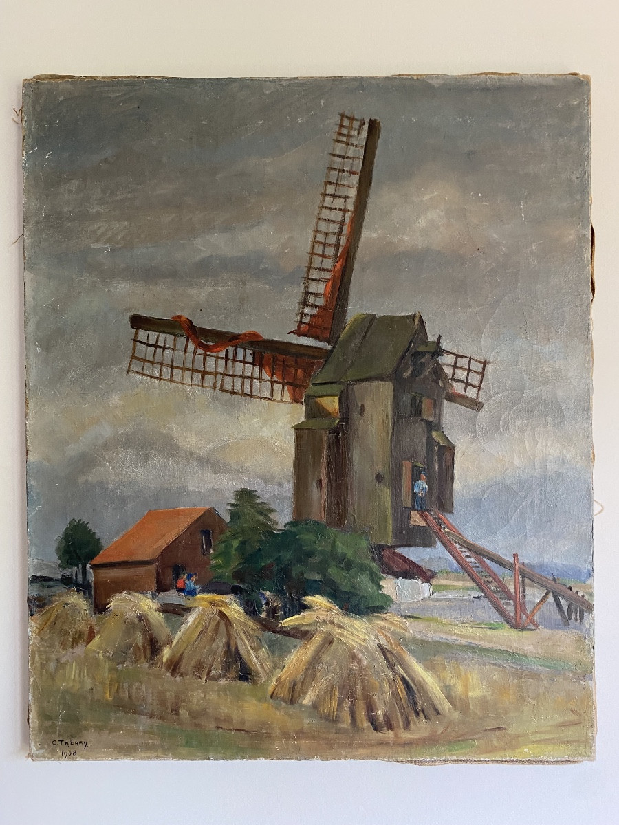 Oil On Canvas: View Of A Mill In Vermelles, Céline Tabary 1938