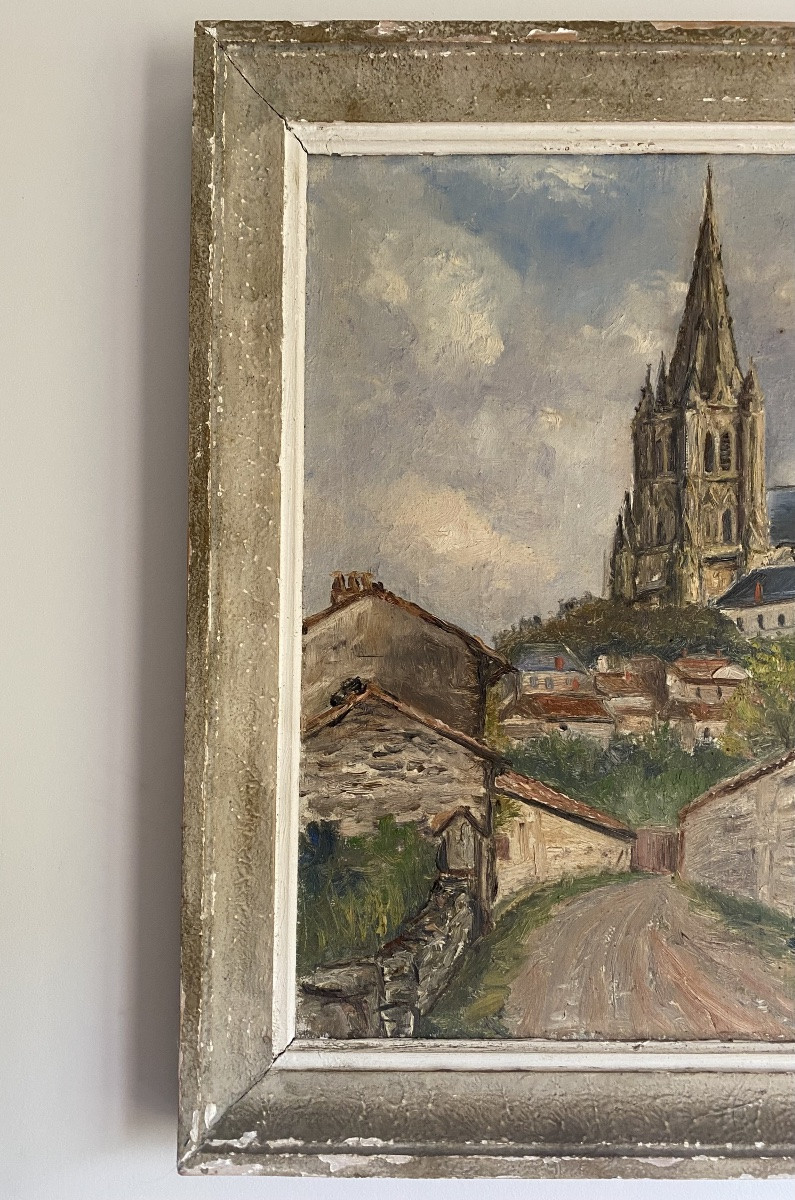 Huile sur toile: vue de la cathédrale de Chartres (?), signé A.Dumas-photo-2