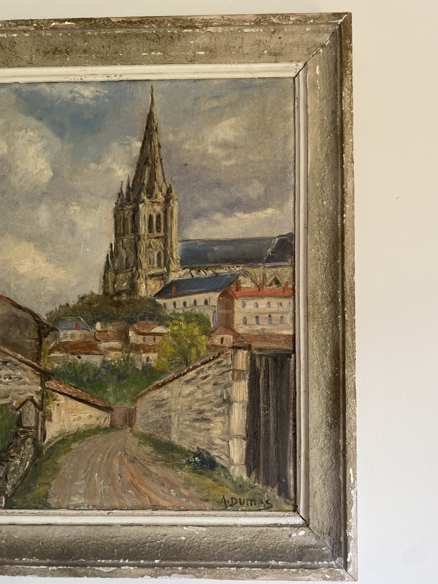 Huile sur toile: vue de la cathédrale de Chartres (?), signé A.Dumas-photo-3