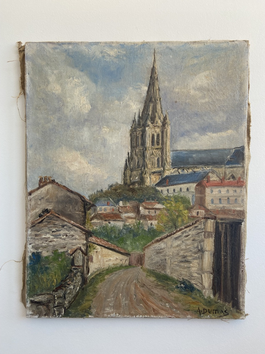 Oil On Canvas: View Of Chartres Cathedral (?), Signed A.dumas-photo-2