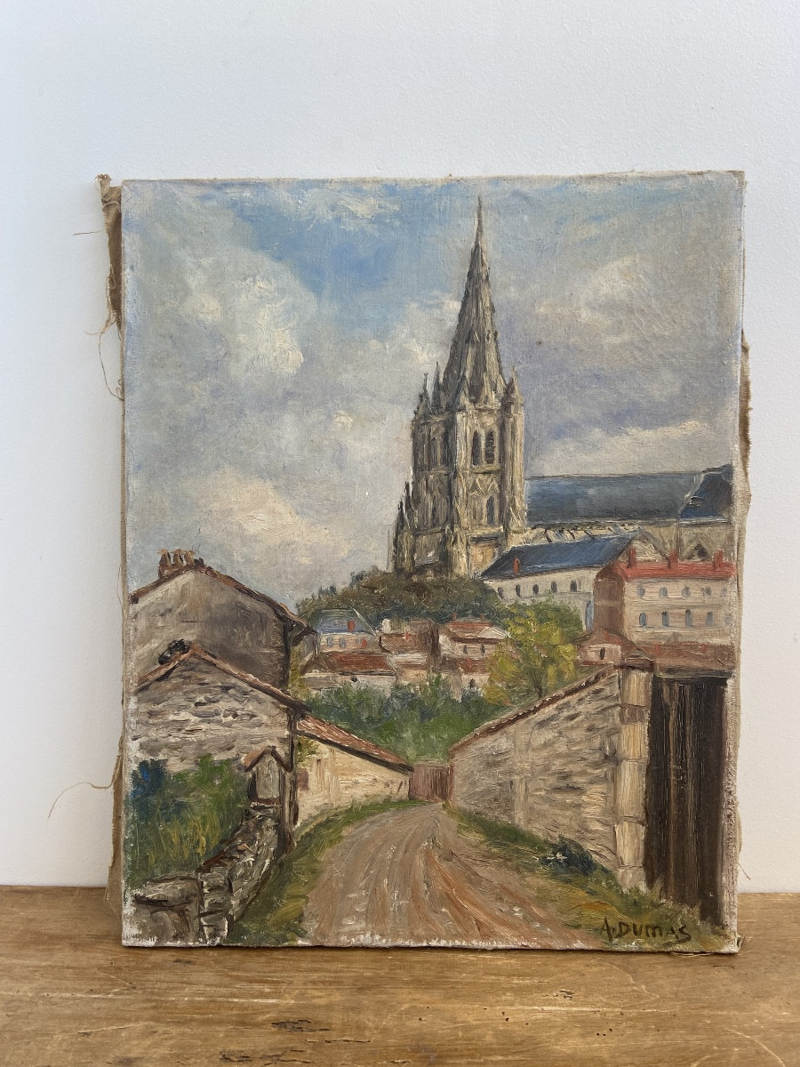 Oil On Canvas: View Of Chartres Cathedral (?), Signed A.dumas