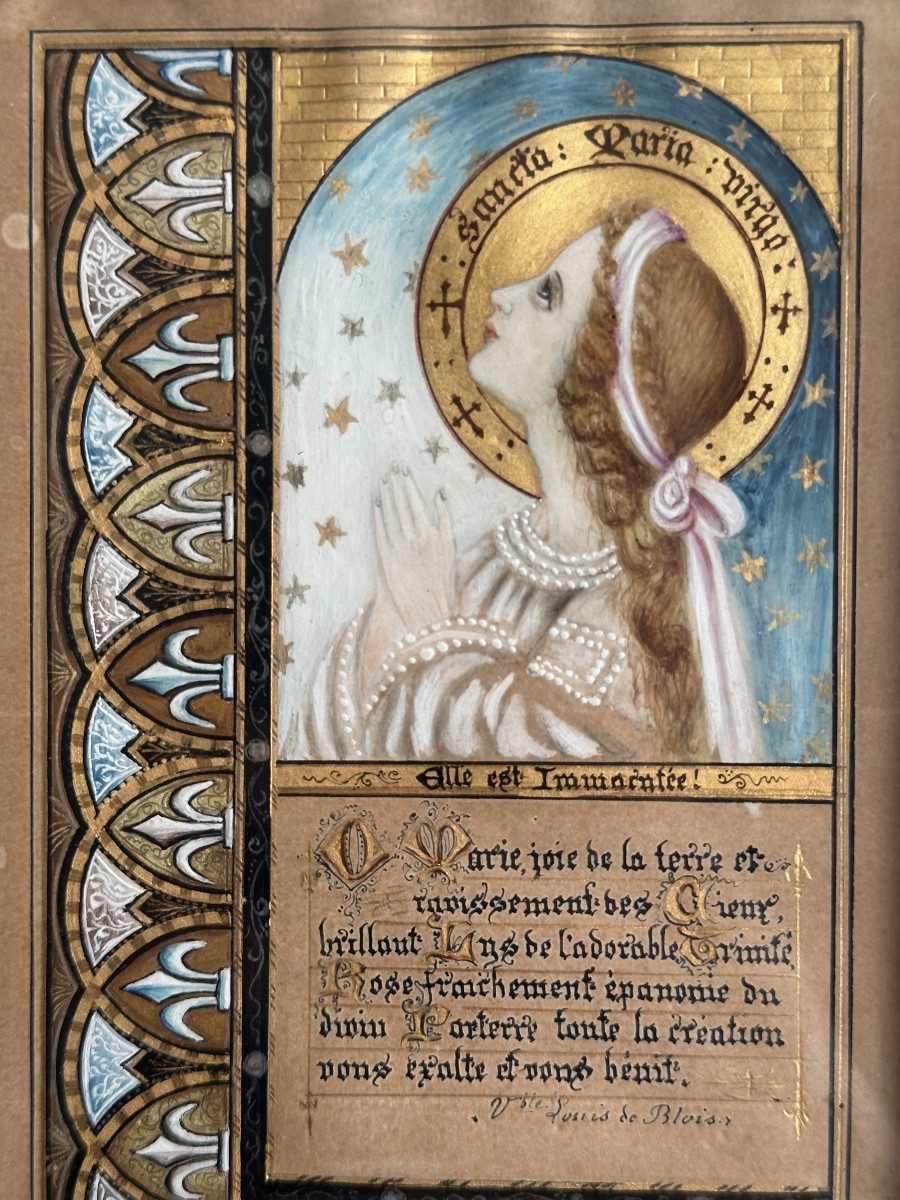 Miniature Of The Holy Virgin, Sancta Maria Virgo, Neo-gothic 19th Century-photo-3