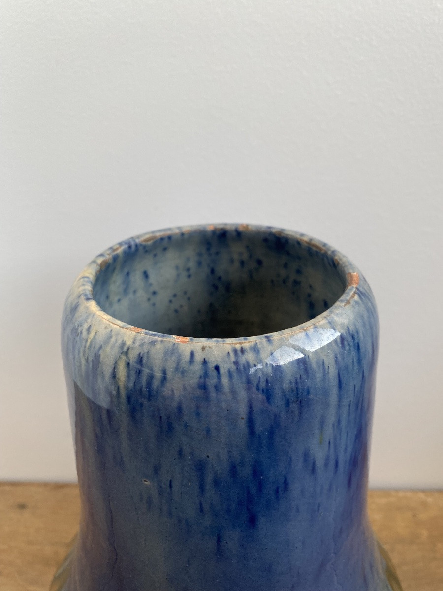 Ovoid Vase With Neck, Art Deco, Blue Glazed Stoneware-photo-1