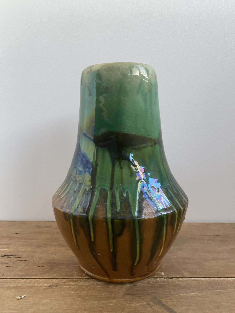 Ovoid Vase With Neck, Art Deco, Green Glazed Stoneware-photo-2