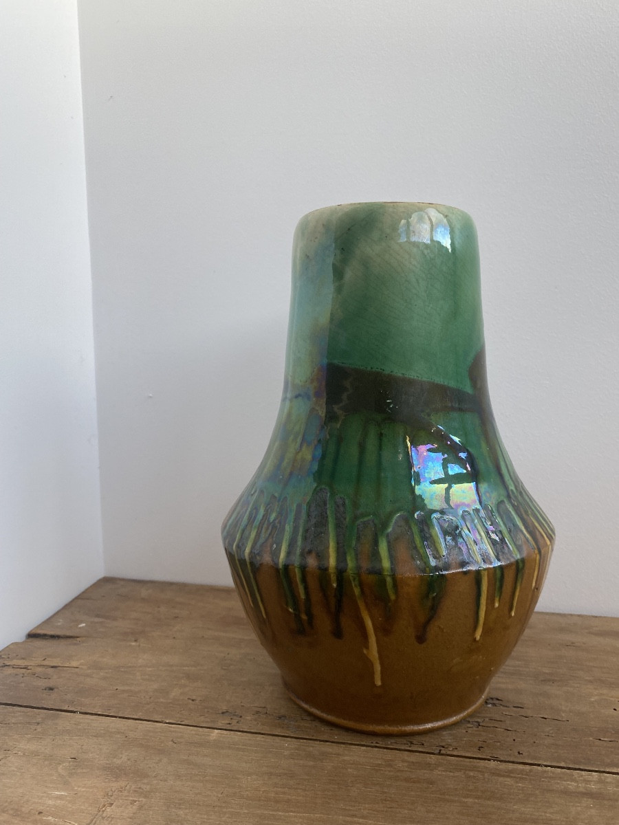 Ovoid Vase With Neck, Art Deco, Green Glazed Stoneware