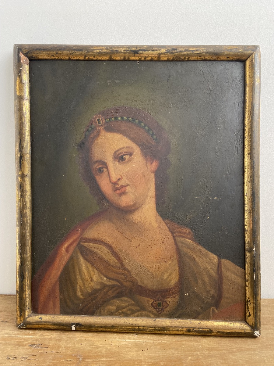 Portrait féminin en Diane chasseresse, huile sur panneau début du 19ème-photo-2