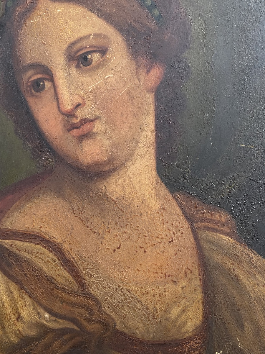 Portrait féminin en Diane chasseresse, huile sur panneau début du 19ème-photo-4