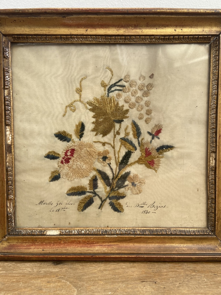 Broderie de fleurs, travail de pensionnat, France 19ème-photo-3