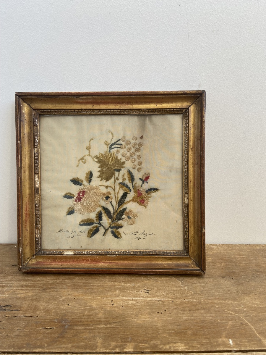 Broderie de fleurs, travail de pensionnat, France 19ème