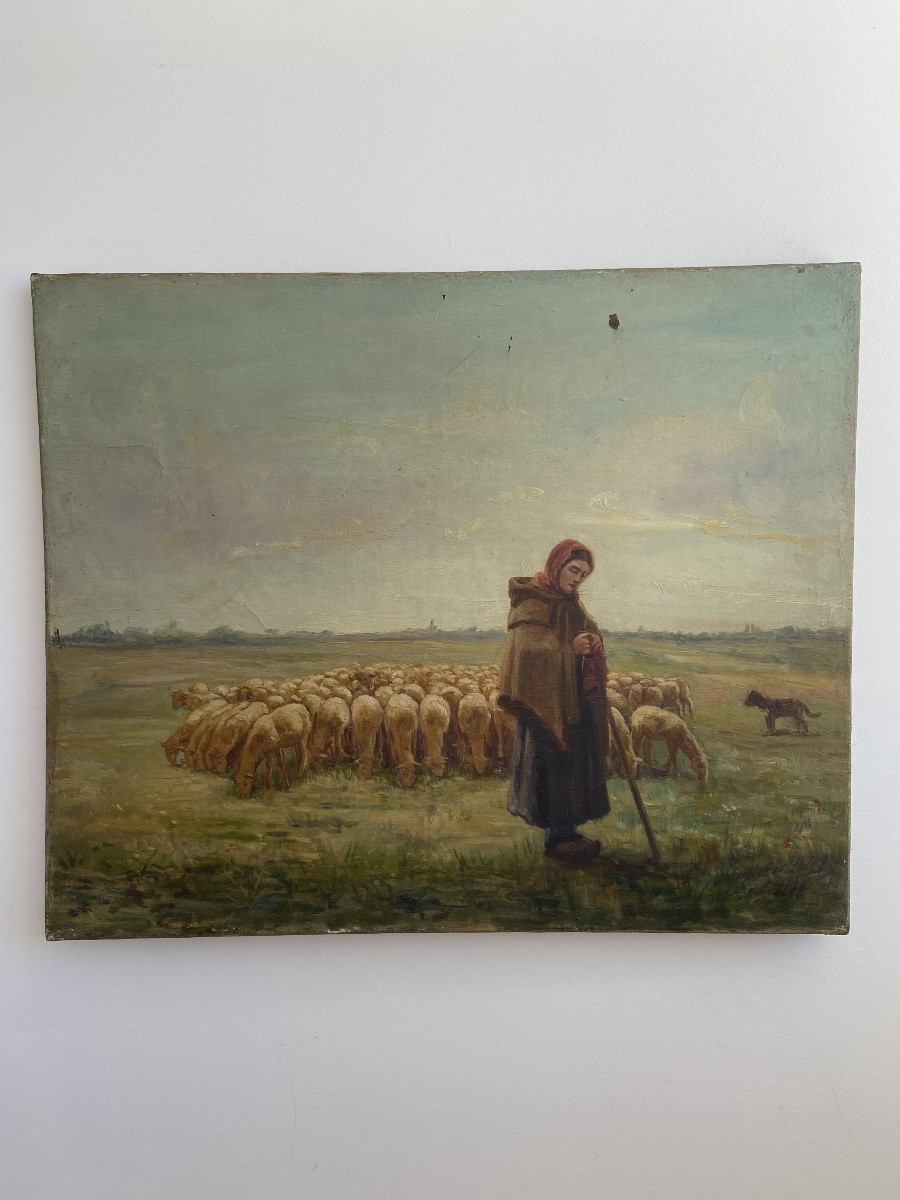Huile sur toile: Bergère avec son troupeau d’après Jean-François Millet, France circa 1960-photo-2