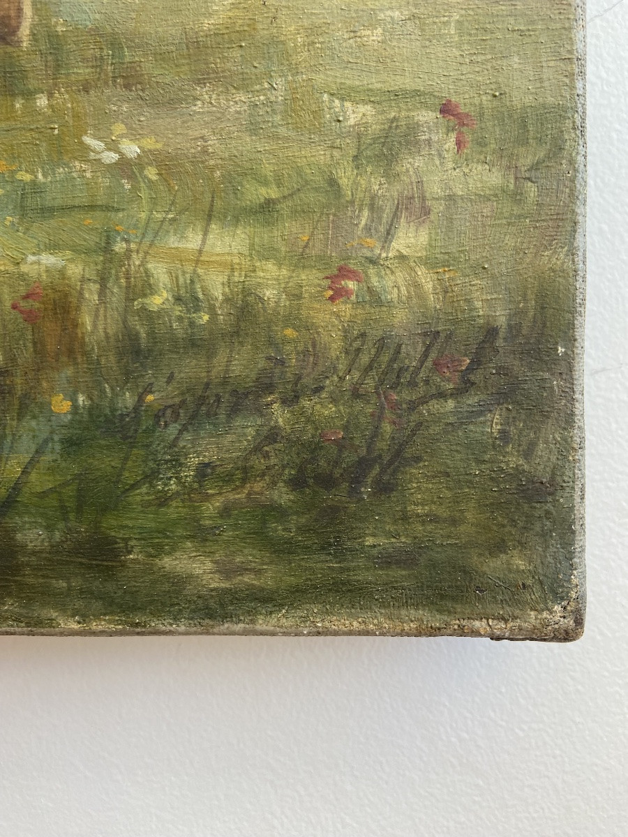 Huile sur toile: Bergère avec son troupeau d’après Jean-François Millet, France circa 1960-photo-1