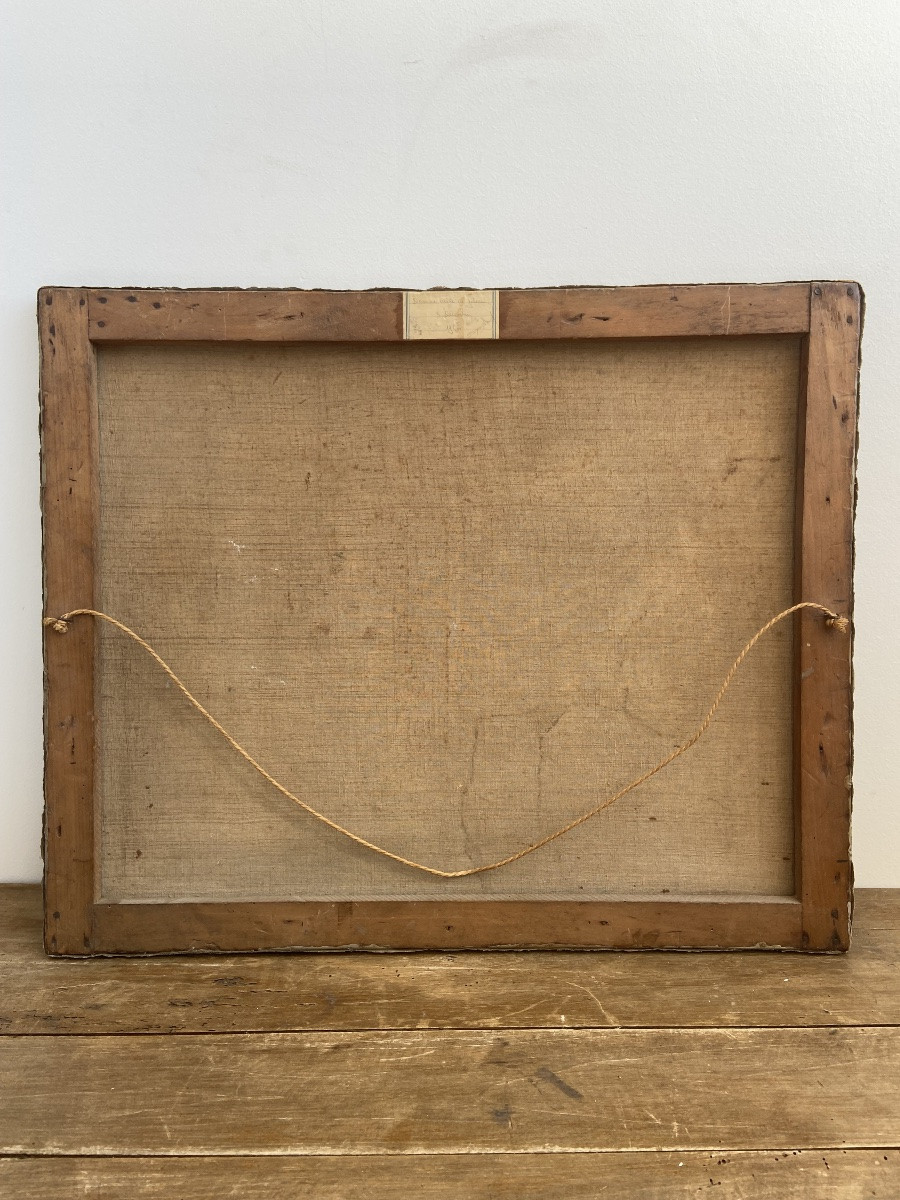 Huile sur toile: Bergère avec son troupeau d’après Jean-François Millet, France circa 1960-photo-2