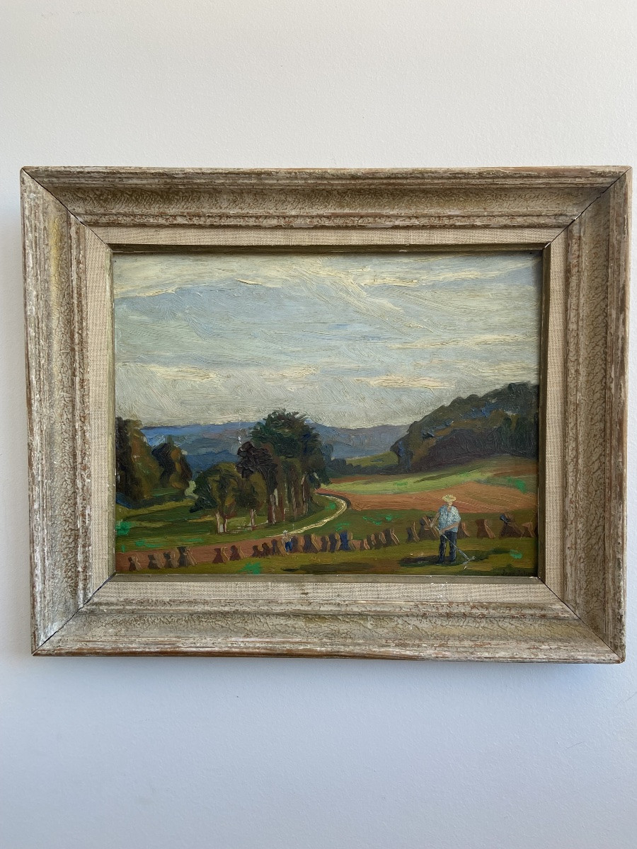 Huile sur panneau: « Moisson à Brignoles », Jean JULIEN (1888-1974), paysage de Provence-photo-2