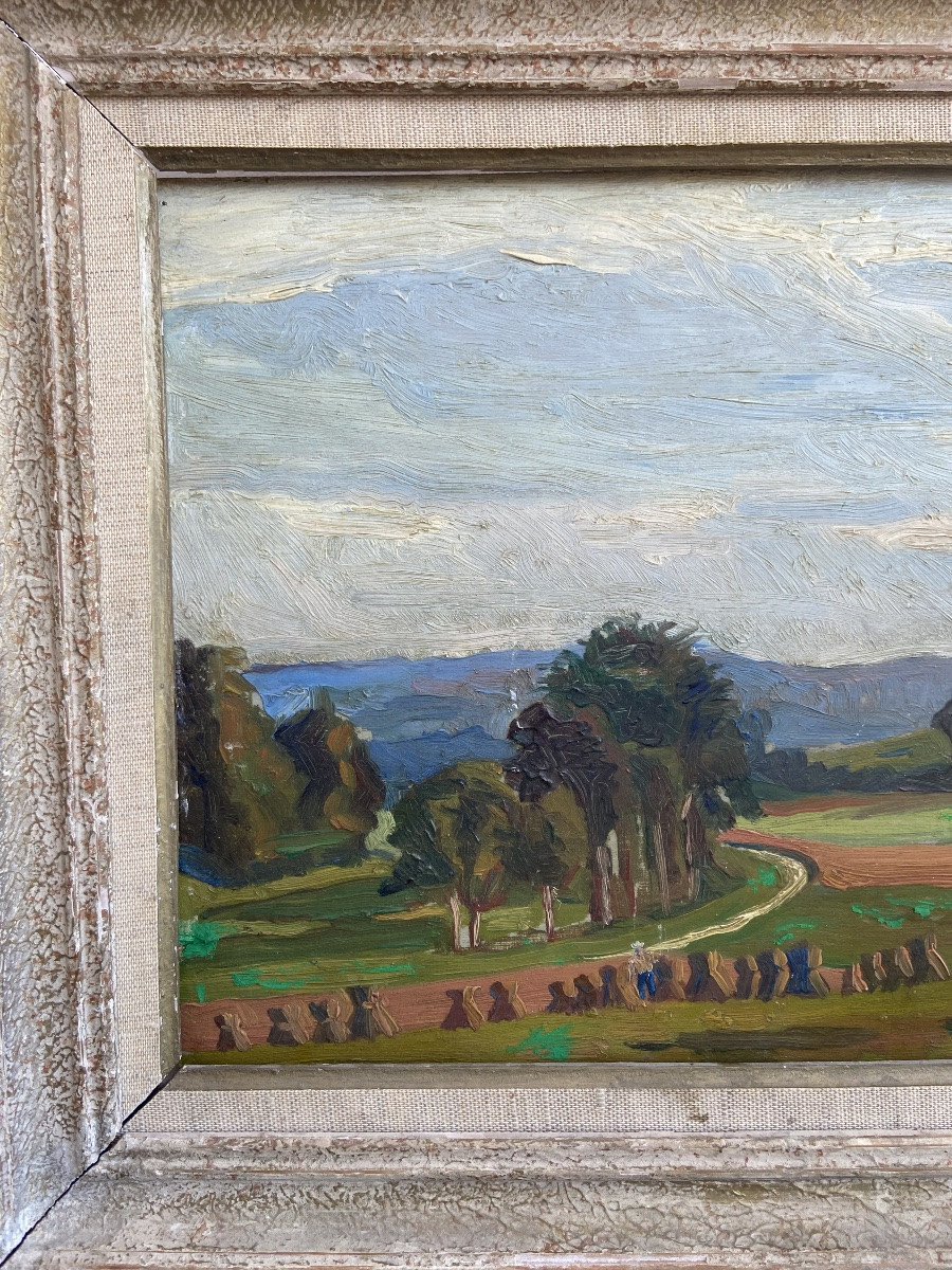 Huile sur panneau: « Moisson à Brignoles », Jean JULIEN (1888-1974), paysage de Provence-photo-3