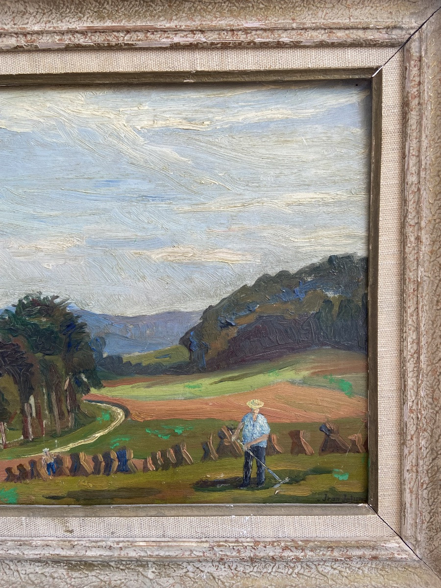 Huile sur panneau: « Moisson à Brignoles », Jean JULIEN (1888-1974), paysage de Provence-photo-4