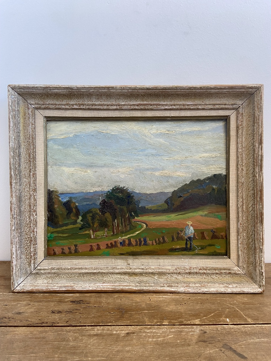Huile sur panneau: « Moisson à Brignoles », Jean JULIEN (1888-1974), paysage de Provence
