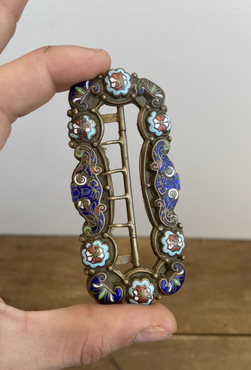 Boucle de ceinture, laiton et émail champlevé, France vers 1850-photo-2