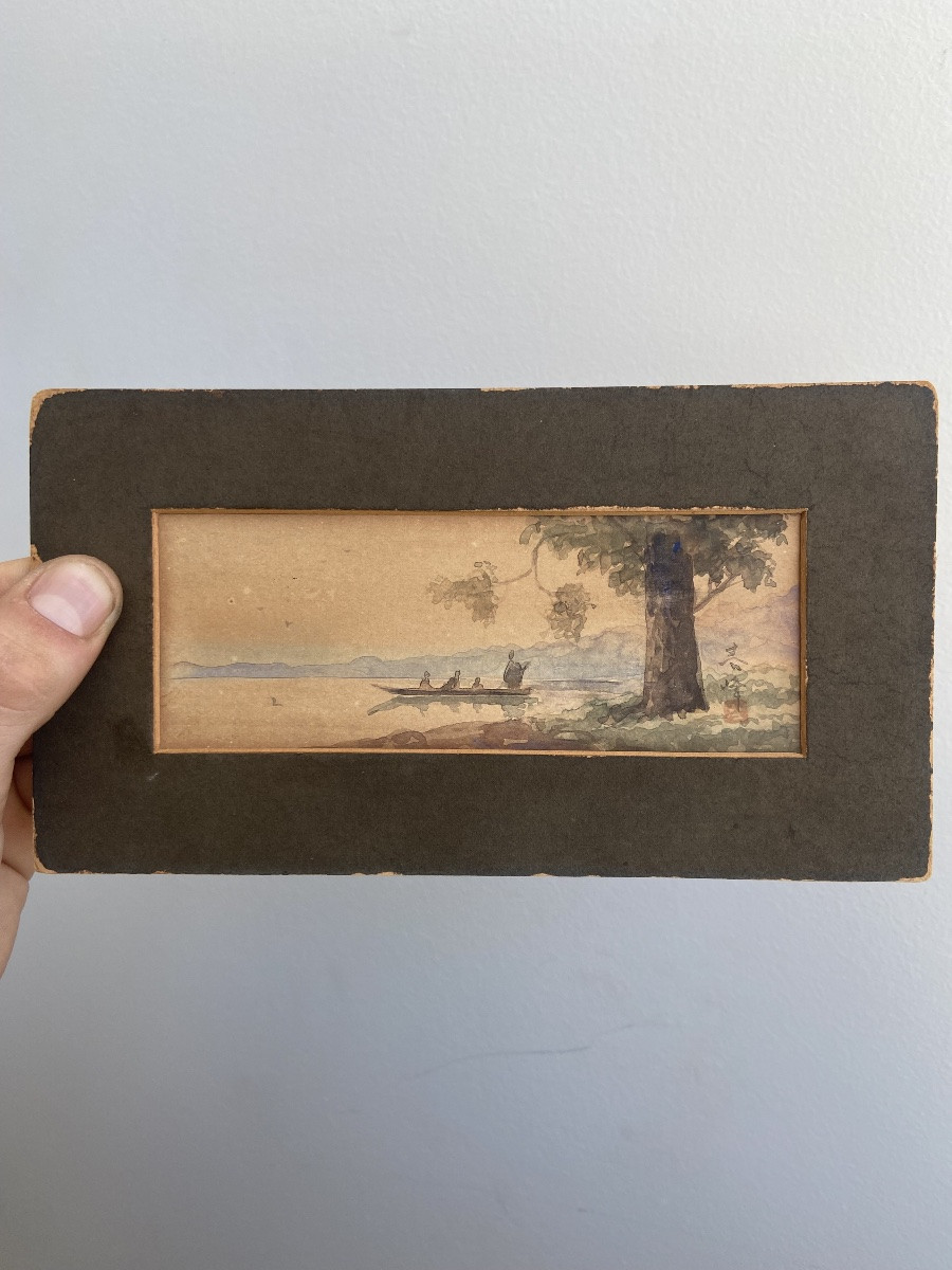 Paire d’aquarelles, paysage lacustre, Japon Meiji fin 19ème-photo-2