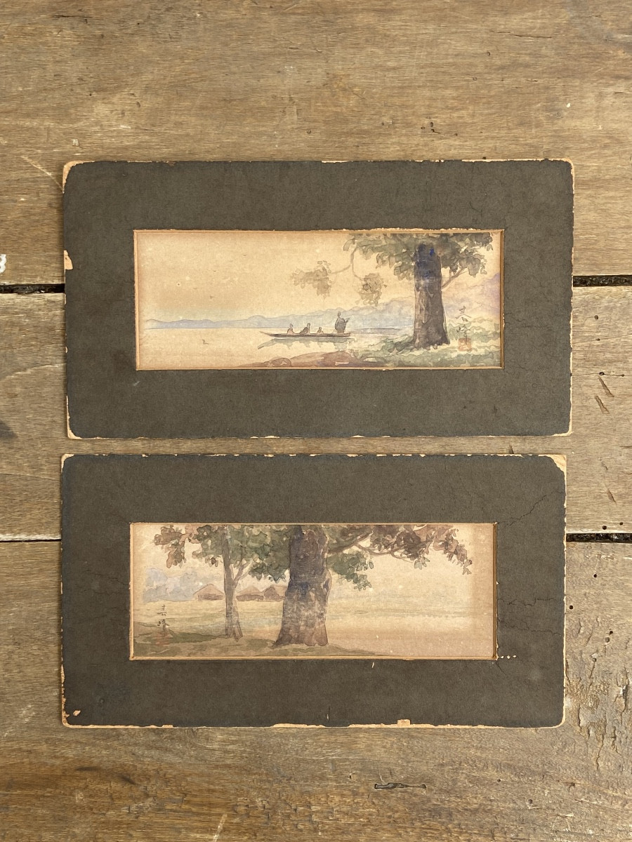 Paire d’aquarelles, paysage lacustre, Japon Meiji fin 19ème
