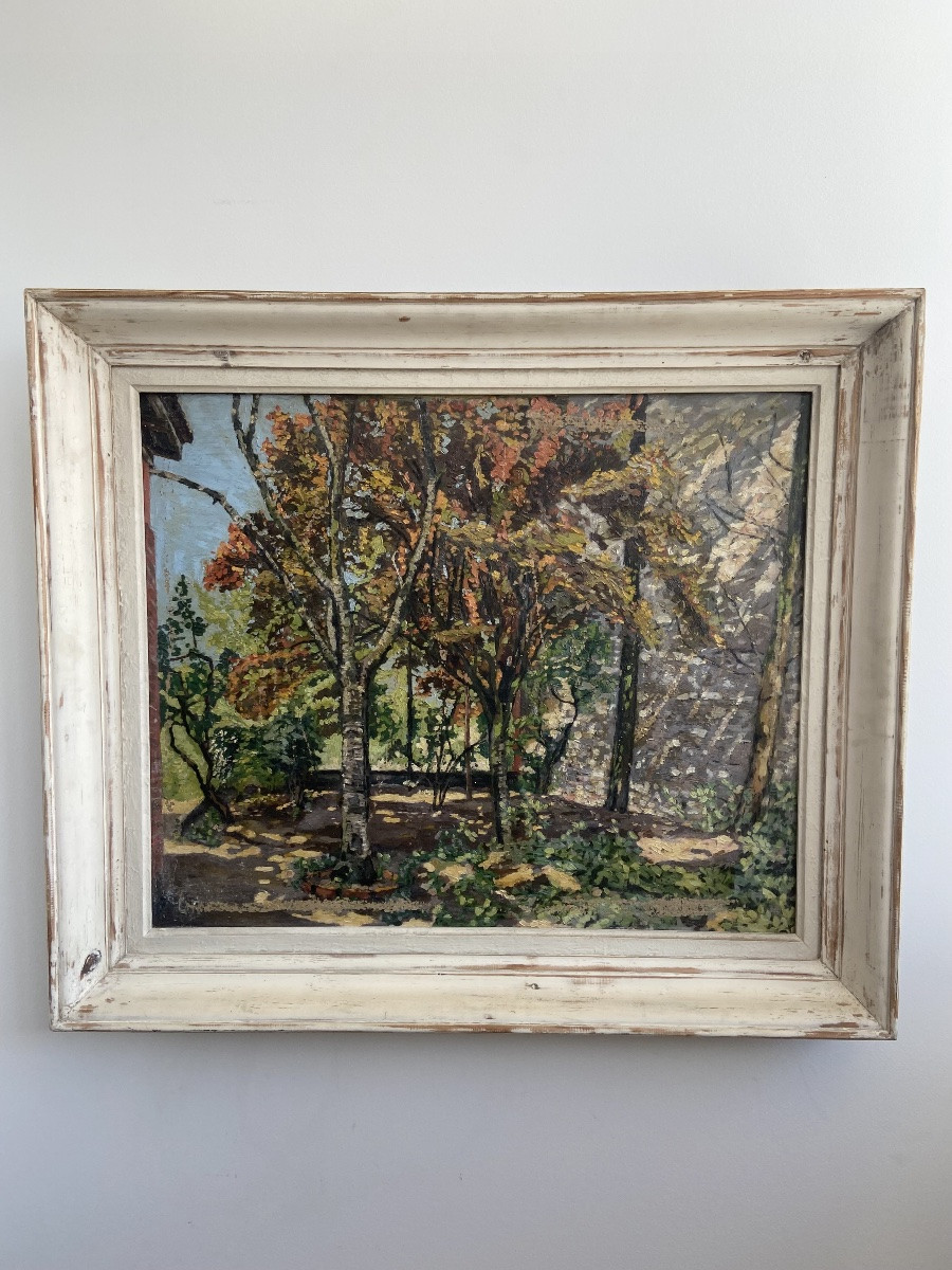 Huile sur toile: Sous-Bois, pointillisme, France circa 1960-photo-2