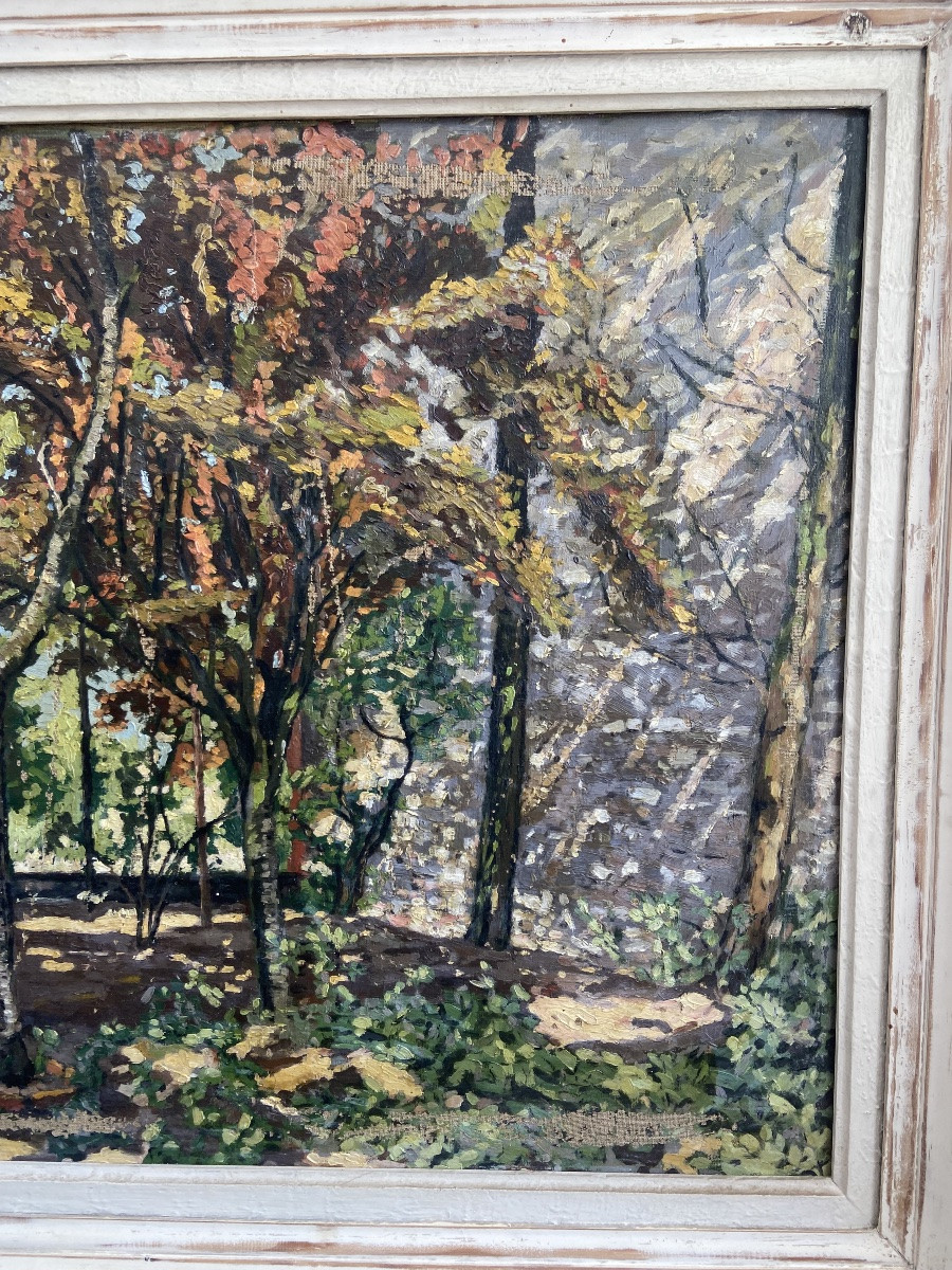 Huile sur toile: Sous-Bois, pointillisme, France circa 1960-photo-4