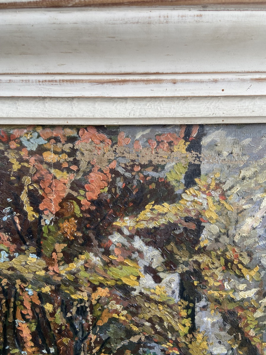 Huile sur toile: Sous-Bois, pointillisme, France circa 1960-photo-1