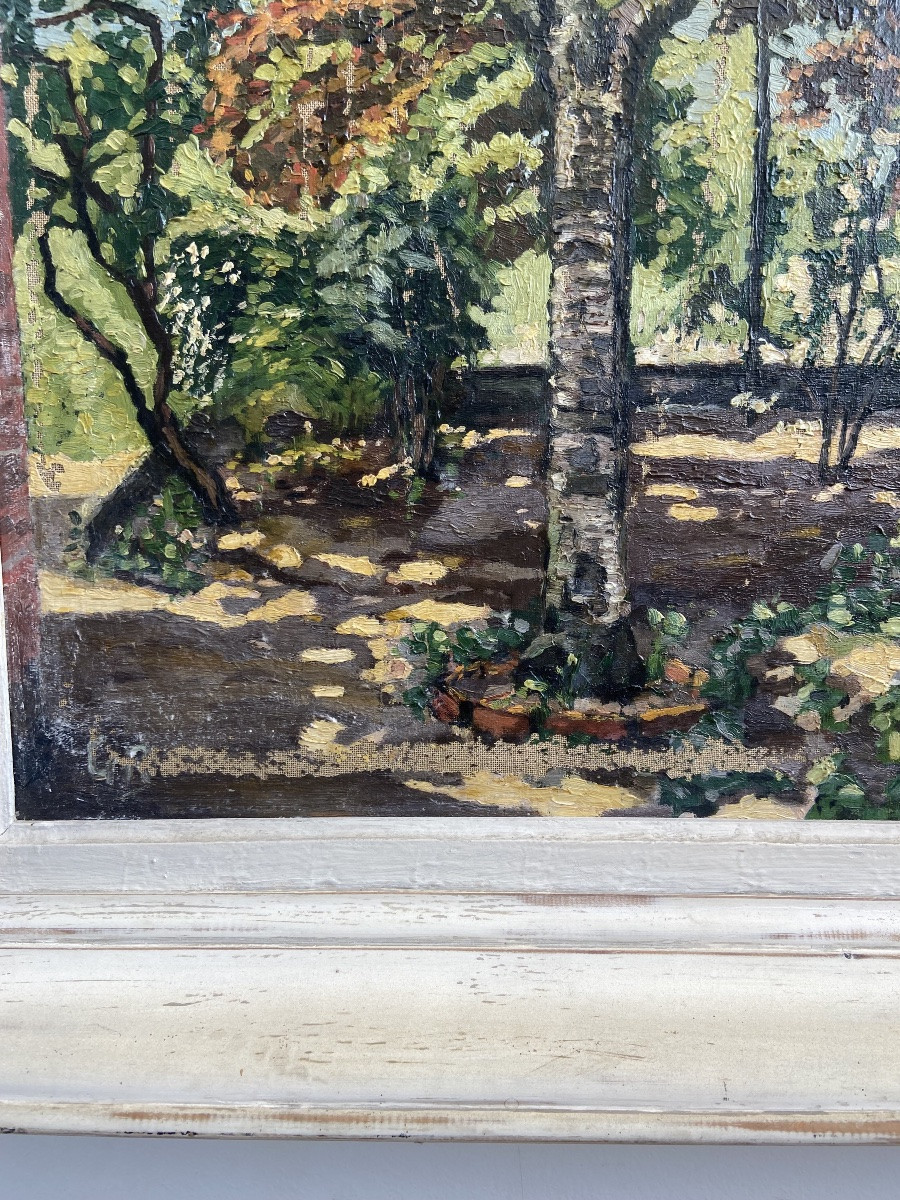 Huile sur toile: Sous-Bois, pointillisme, France circa 1960-photo-2