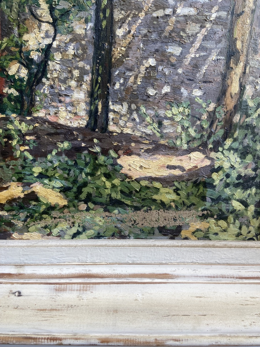 Huile sur toile: Sous-Bois, pointillisme, France circa 1960-photo-3