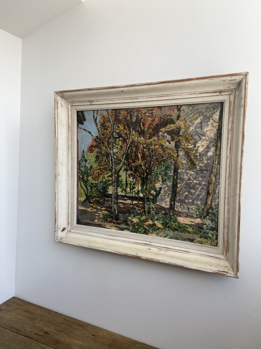 Huile sur toile: Sous-Bois, pointillisme, France circa 1960-photo-4