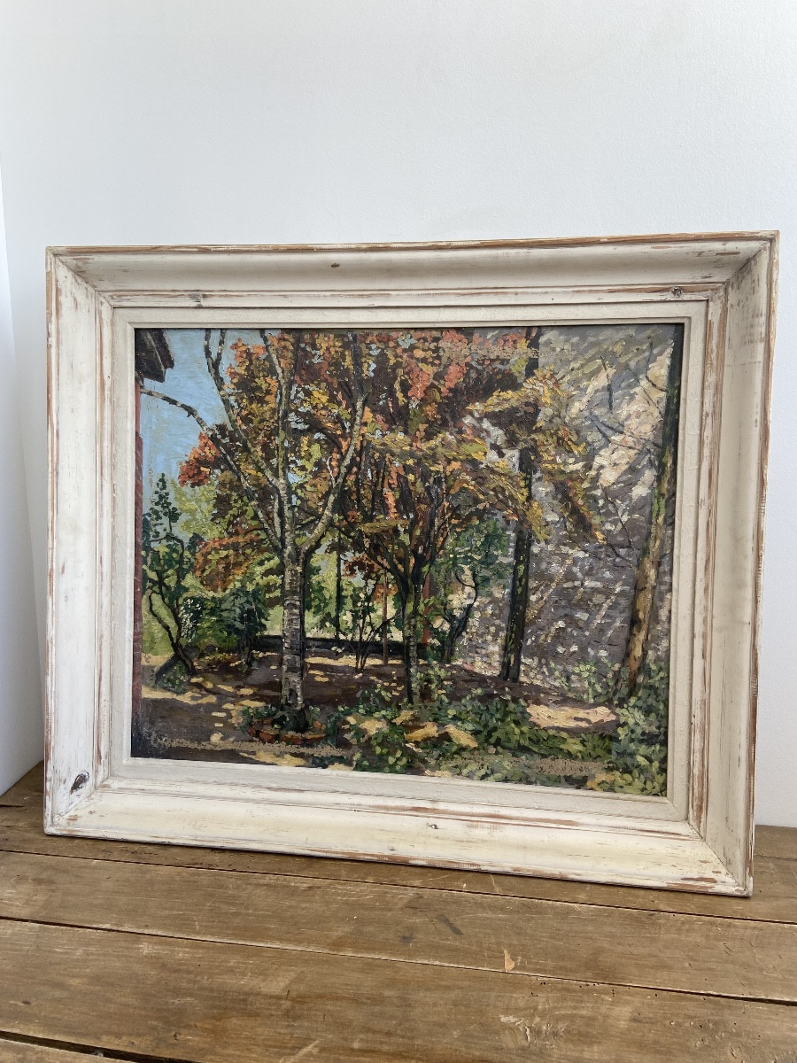 Huile sur toile: Sous-Bois, pointillisme, France circa 1960