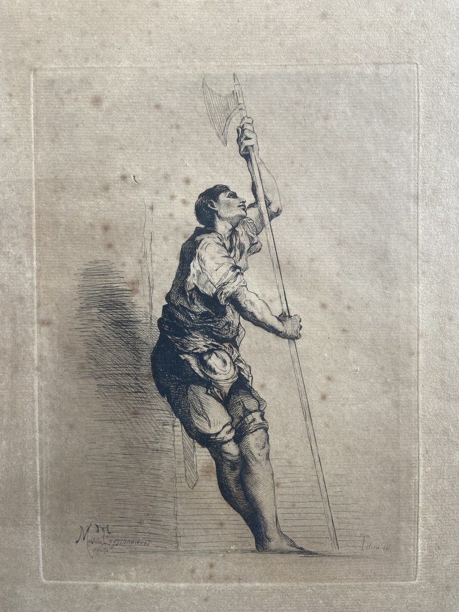 Engraving After Titian, Halberdier Raising His Head To The Left, Etching 19th Century-photo-2