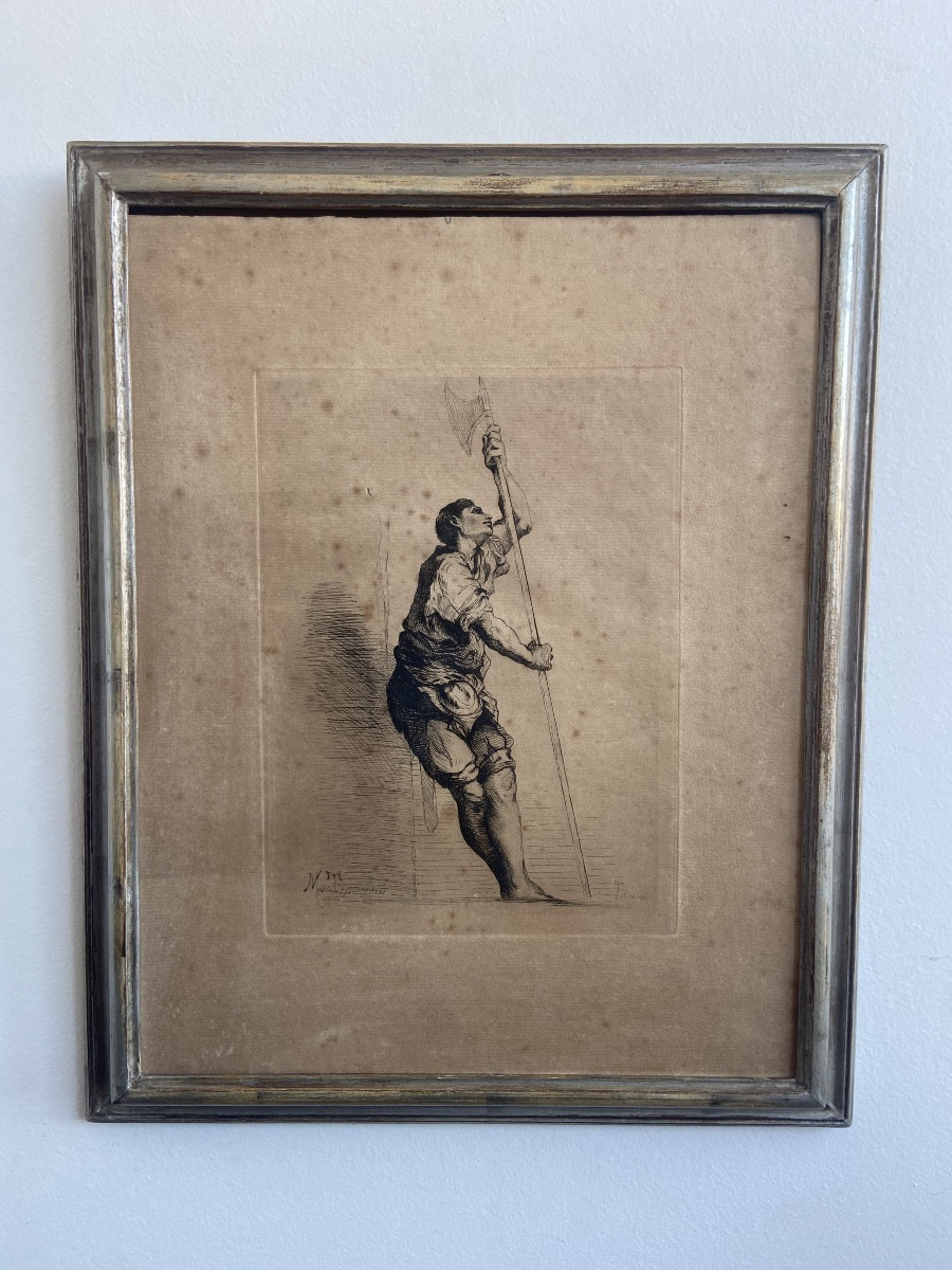 Engraving After Titian, Halberdier Raising His Head To The Left, Etching 19th Century