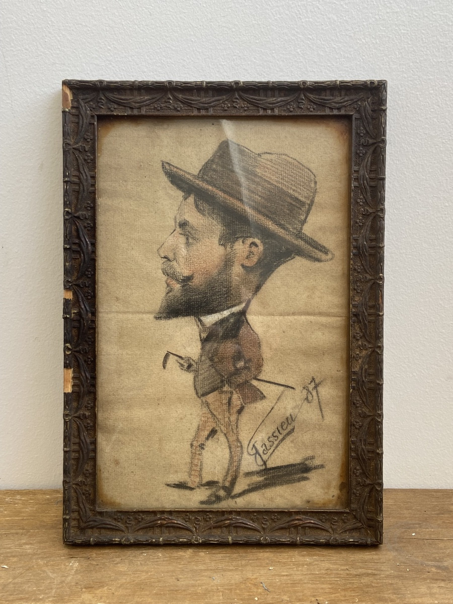 Caricature Of An Elegant Man, Pencil And Charcoal, France Late 19th Century