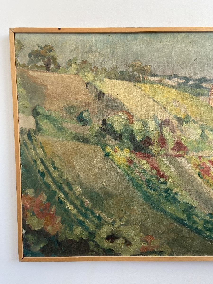 Oil On Canvas: Paysage Vallonée, Campagnard Lauragais, Régionalisme France Circa 1930-photo-3