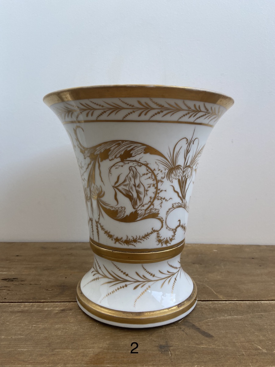 Vase Jasmin, Or Cornet, White And Gold Hard Porcelain, Paris Empire Period, Early 19th Century-photo-2