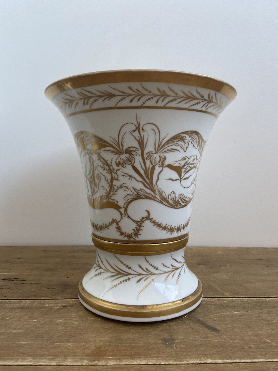 Vase Jasmin, Or Cornet, White And Gold Hard Porcelain, Paris Empire Period, Early 19th Century-photo-3