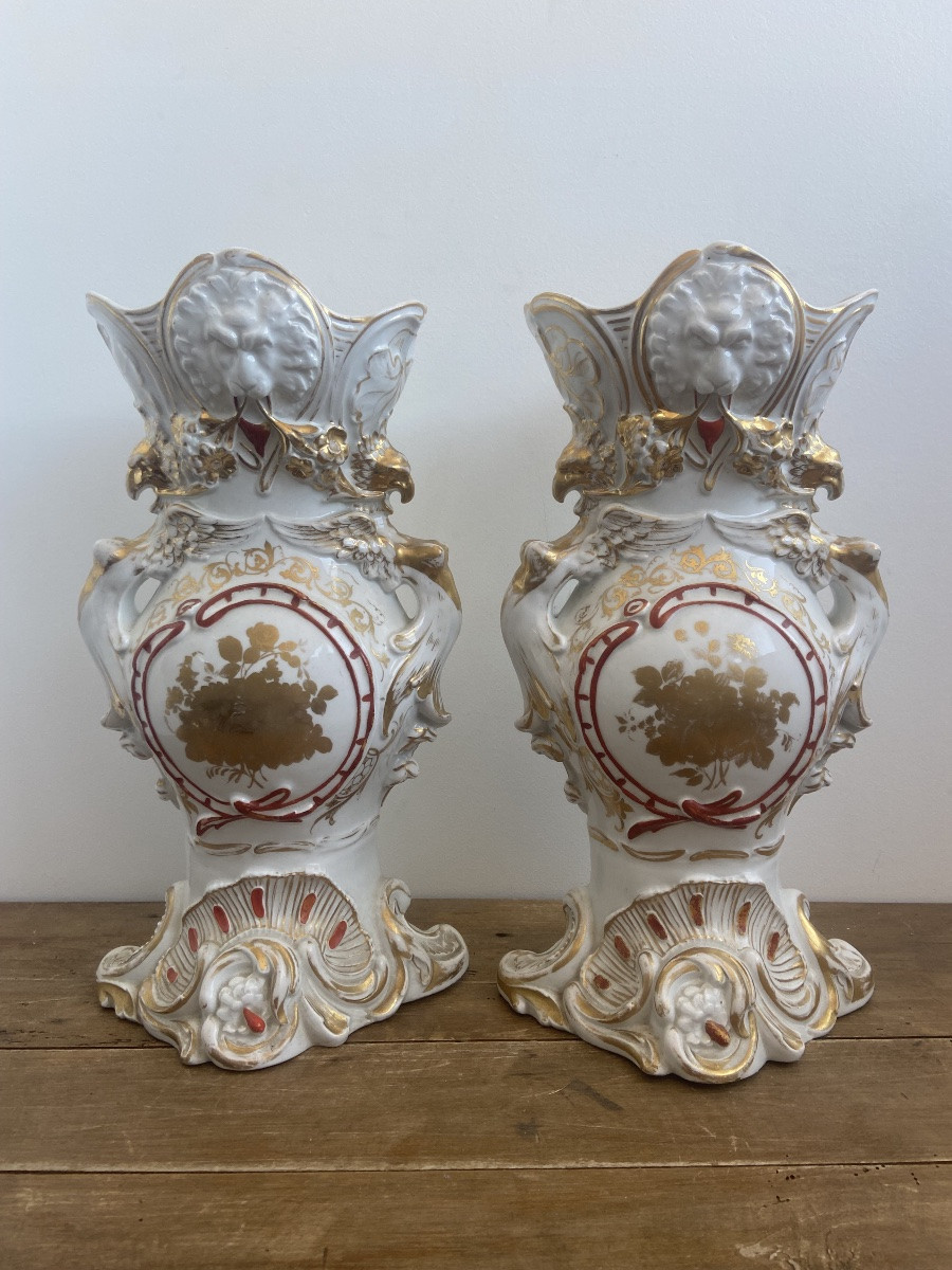 Pair Of Bridal Vases, Paris Porcelain, Large Model, France, 19th Century-photo-2